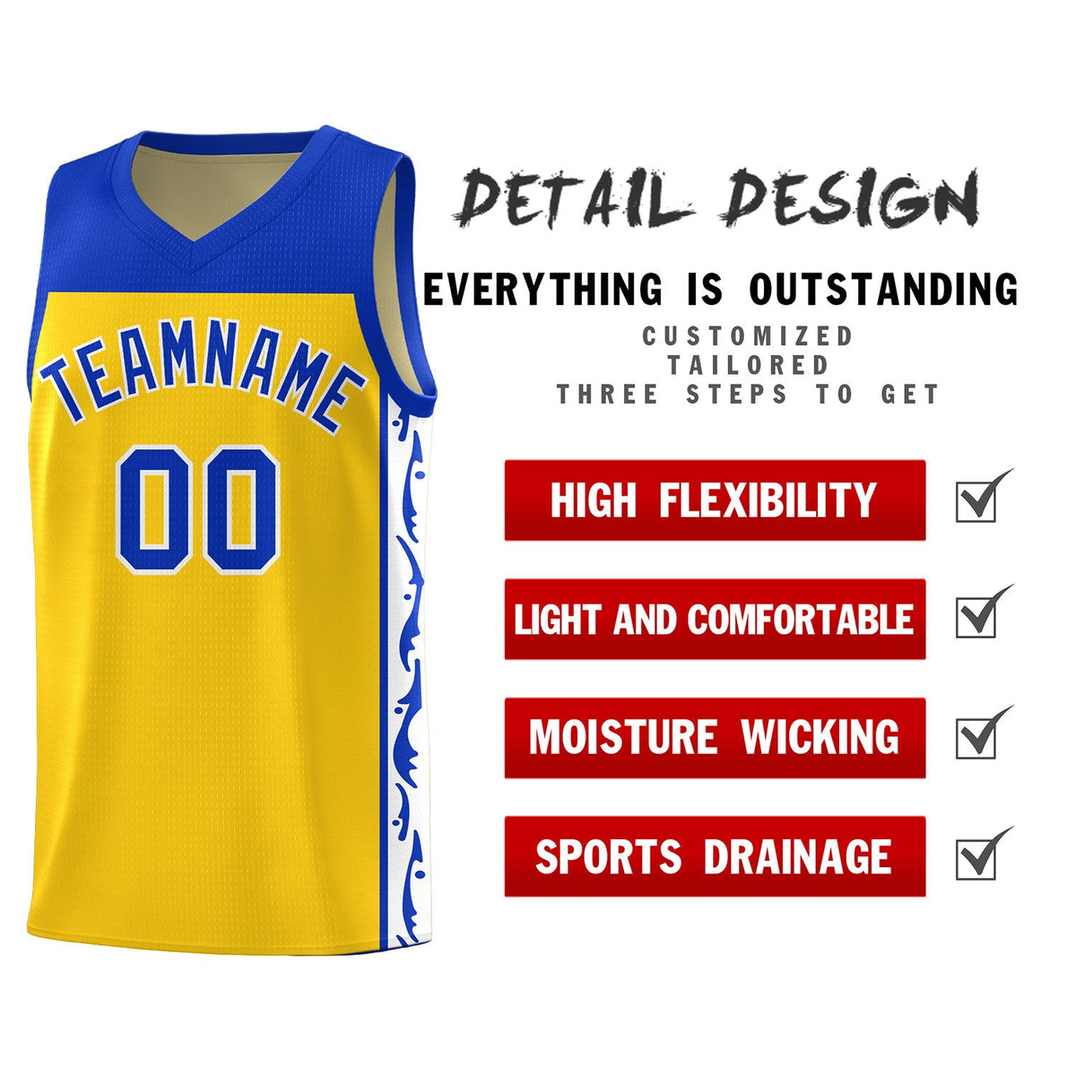 Custom Gold Side Pattern Sports Uniform Basketball Jersey