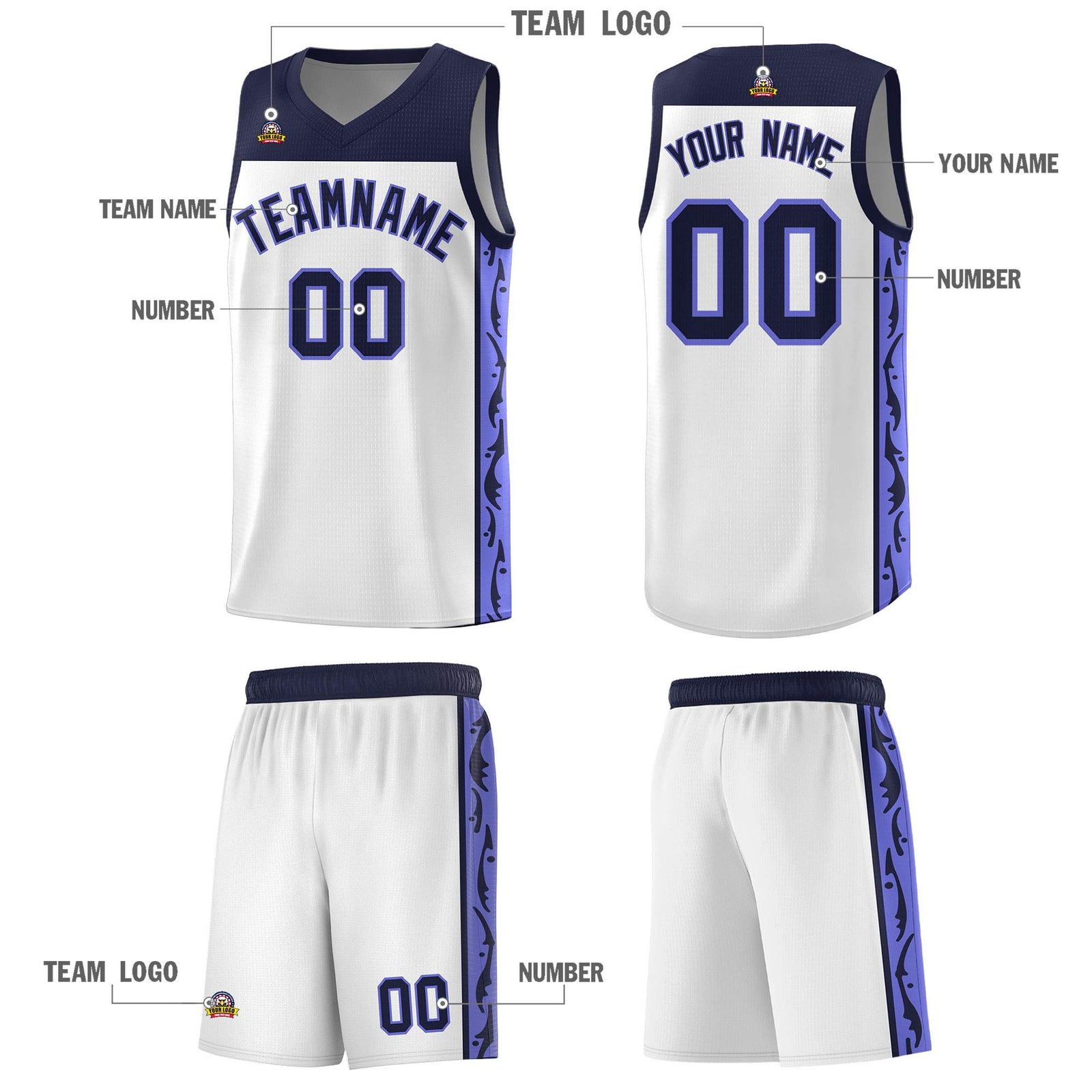 Custom White Side Pattern Sports Uniform Basketball Jersey