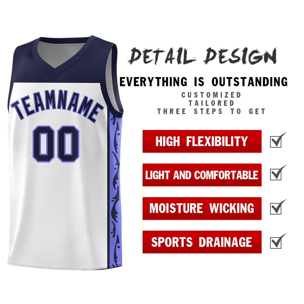 Custom White Side Pattern Sports Uniform Basketball Jersey
