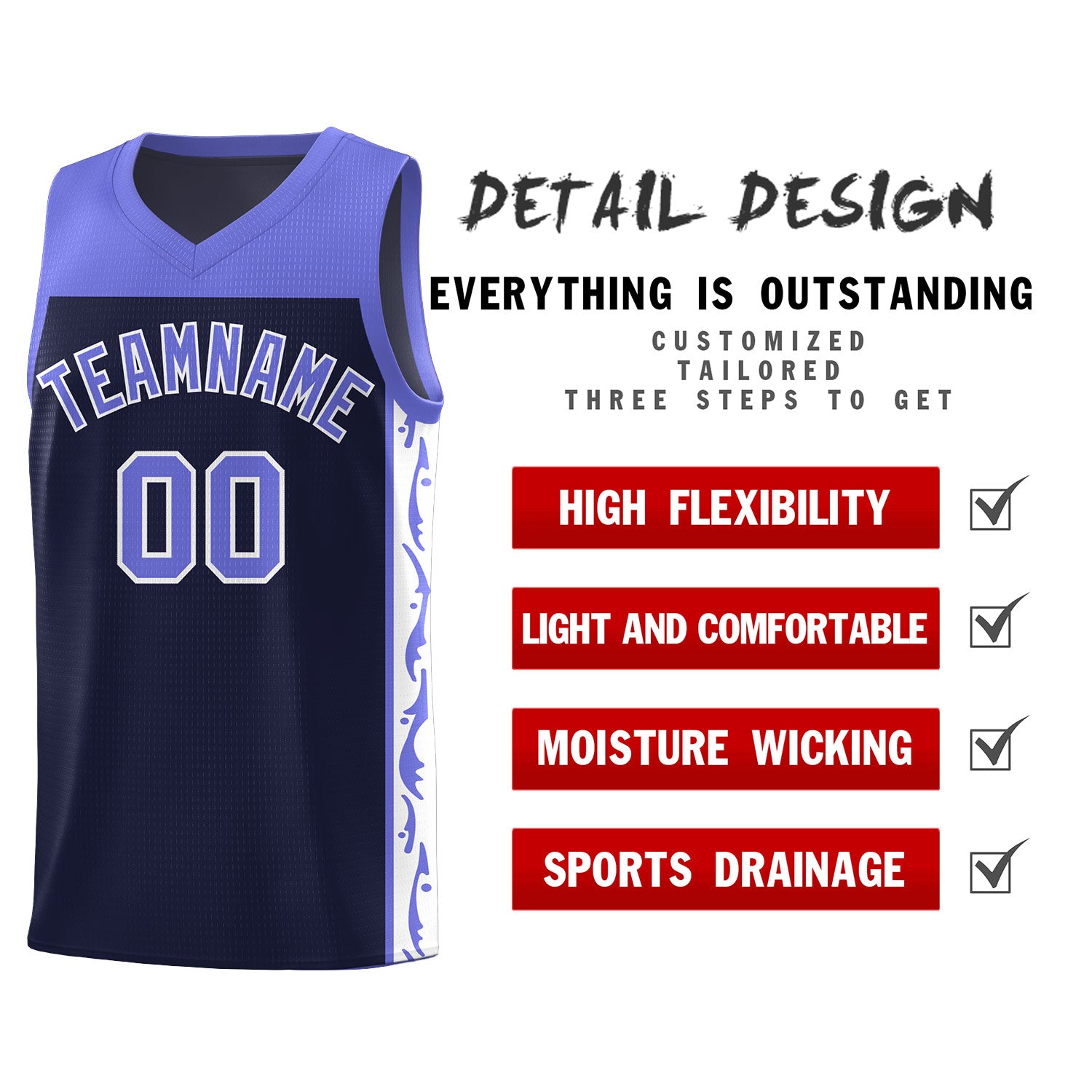 Custom Navy Side Pattern Sports Uniform Basketball Jersey