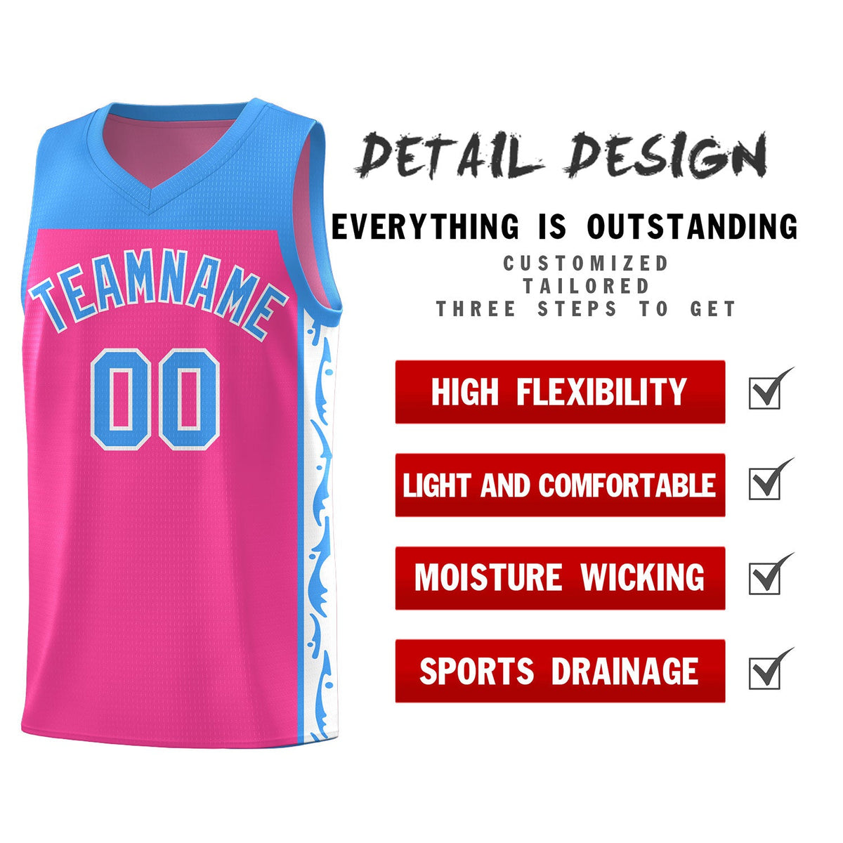 Custom Pink Side Pattern Sports Uniform Basketball Jersey