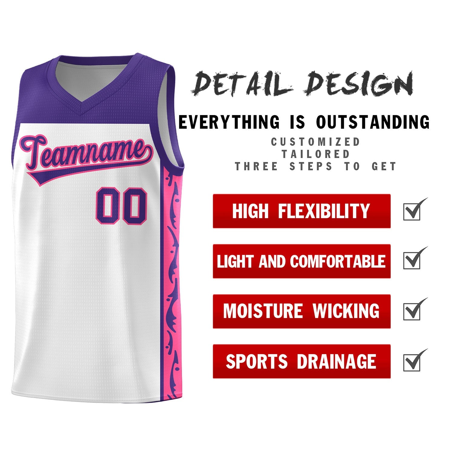 Custom White Side Pattern Sports Uniform Basketball Jersey