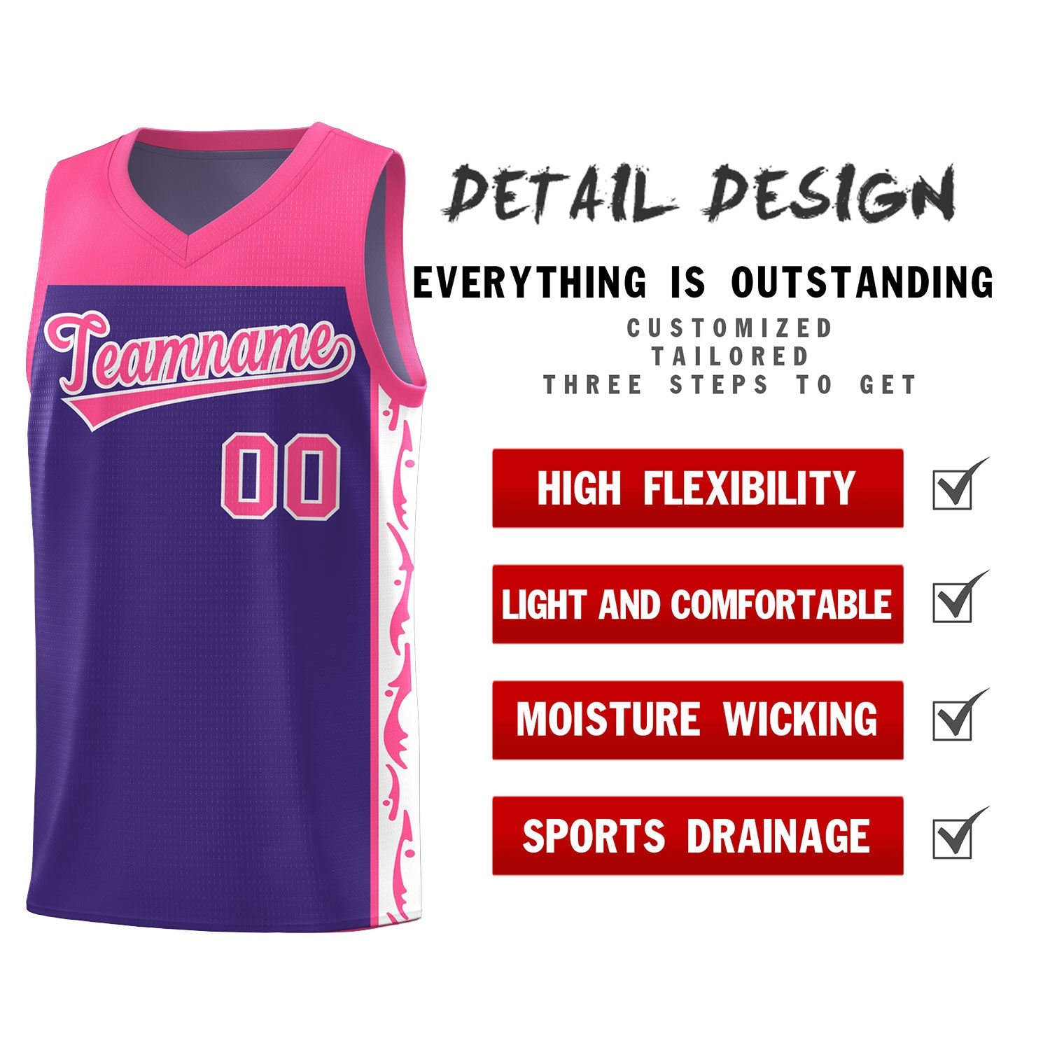 Custom Purple Side Pattern Sports Uniform Basketball Jersey