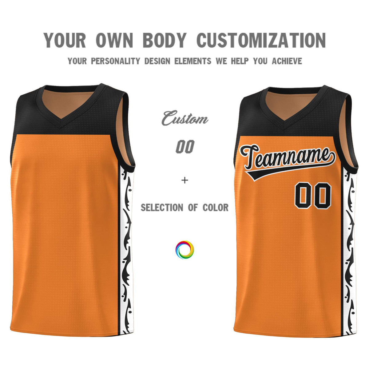 Custom Gold Orange Side Pattern Sports Uniform Basketball Jersey