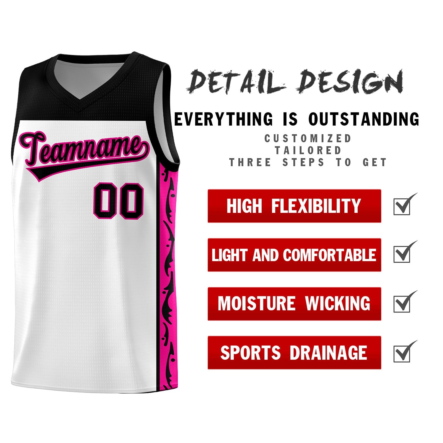 Custom White Side Pattern Sports Uniform Basketball Jersey