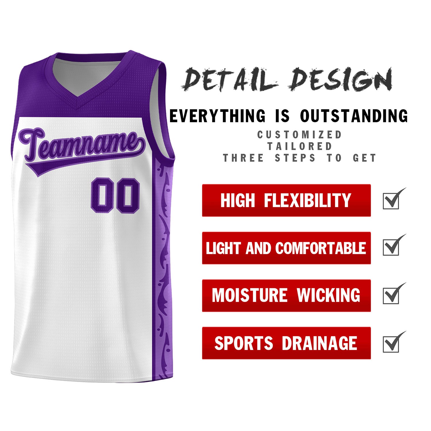 Custom White Side Pattern Sports Uniform Basketball Jersey