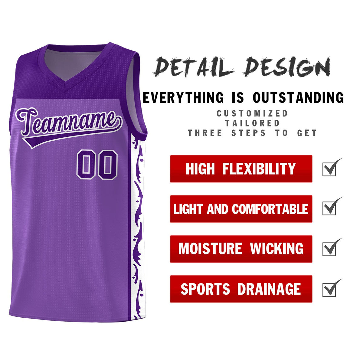 Custom Purple Side Pattern Sports Uniform Basketball Jersey