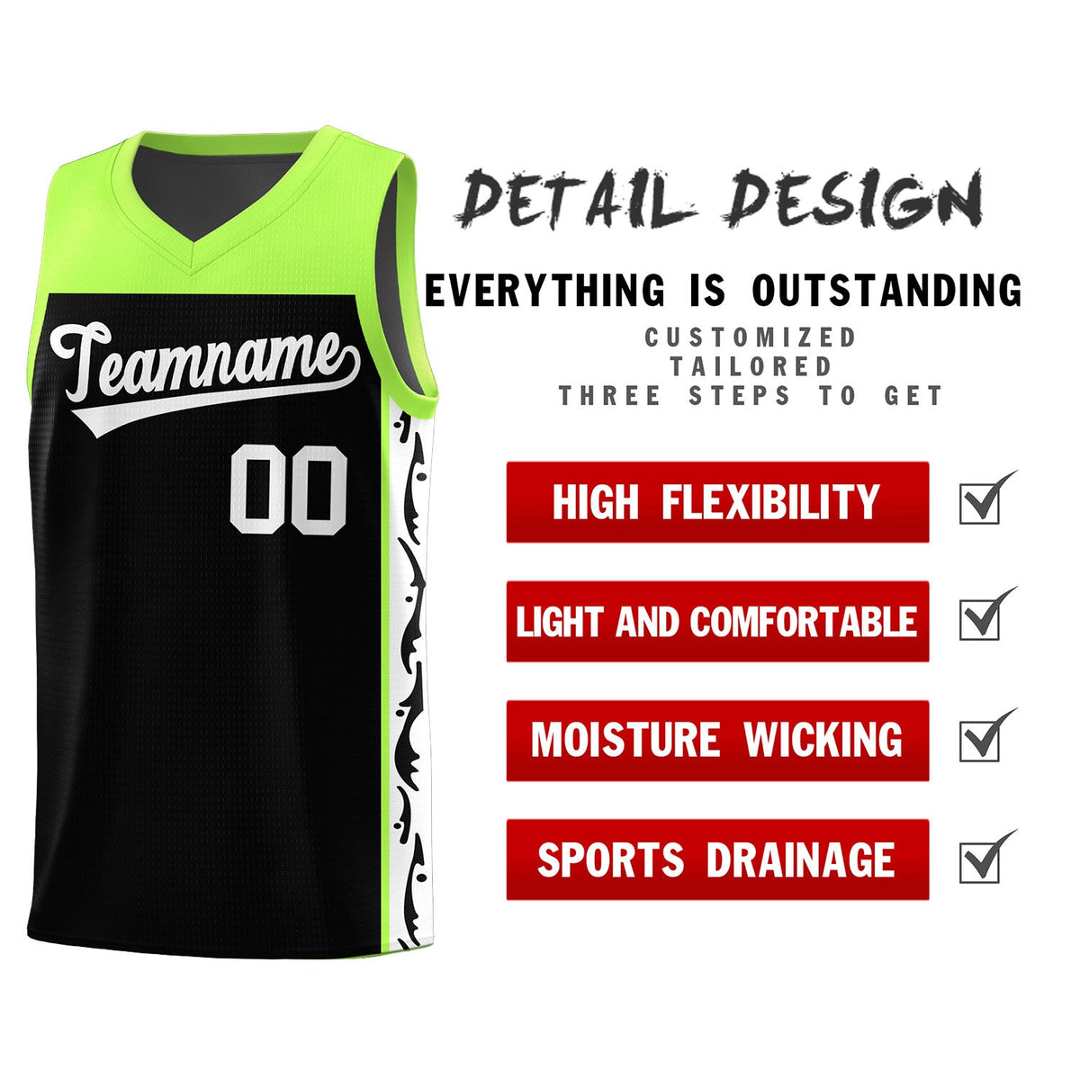 Custom Black Side Pattern Sports Uniform Basketball Jersey