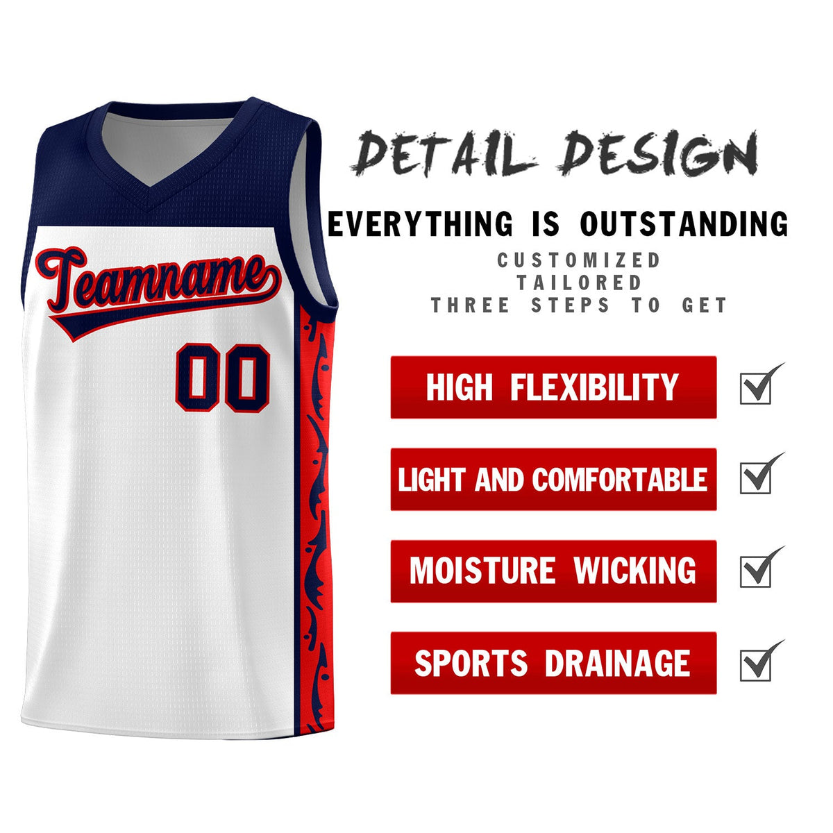 Custom White Side Pattern Sports Uniform Basketball Jersey