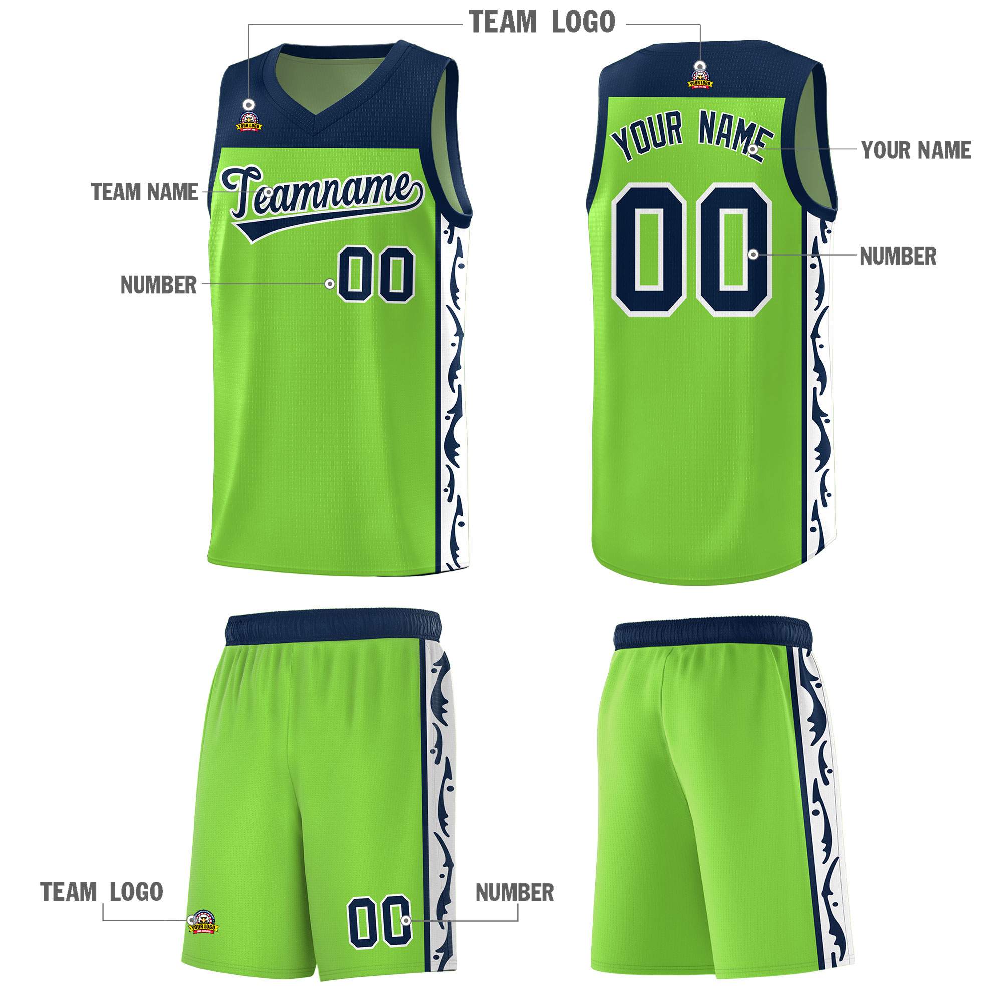 Custom Neon Green Side Pattern Sports Uniform Basketball Jersey