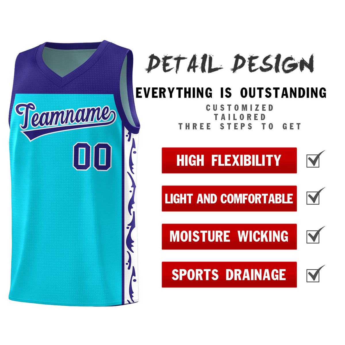 Custom Sky Blue Side Pattern Sports Uniform Basketball Jersey