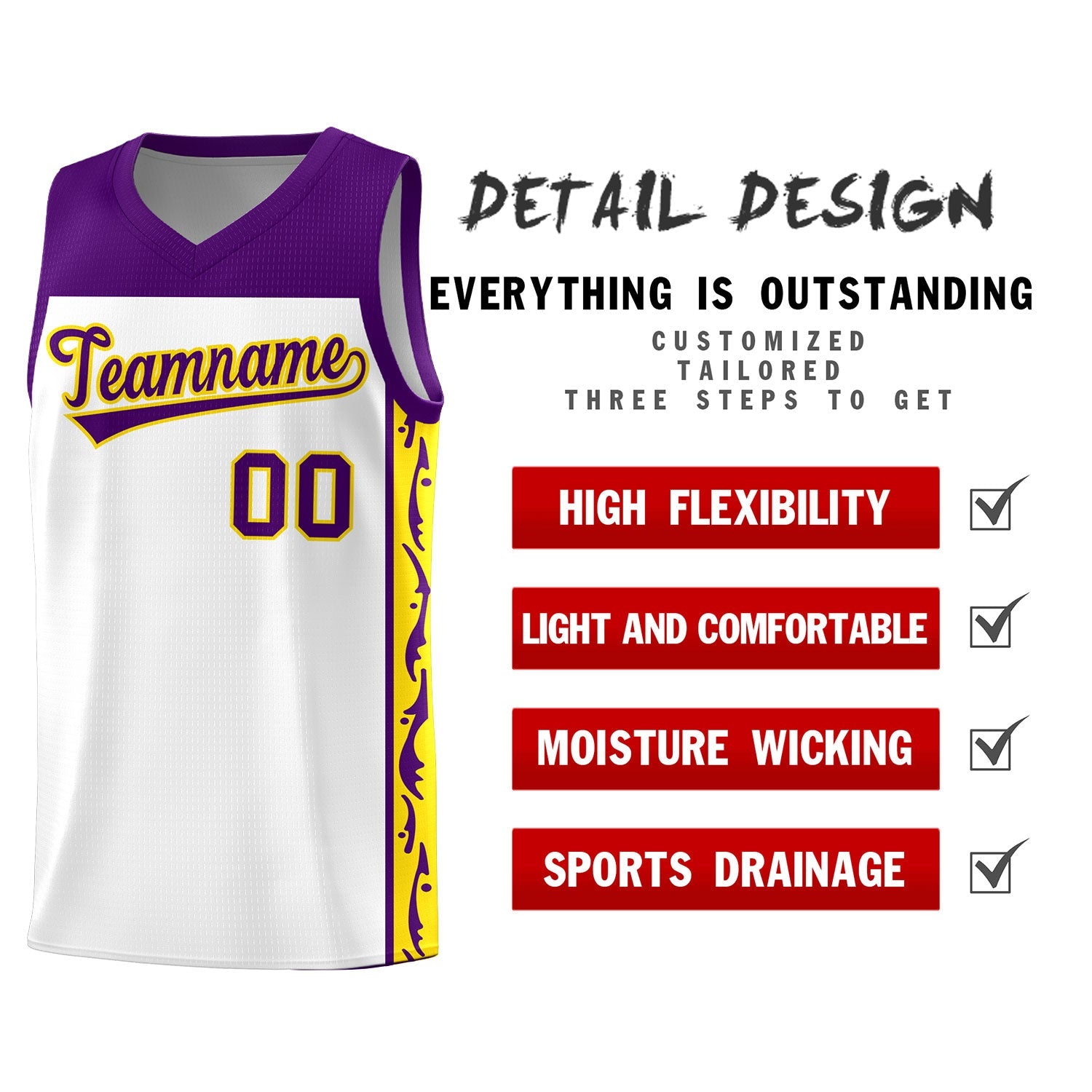 Custom White Side Pattern Sports Uniform Basketball Jersey
