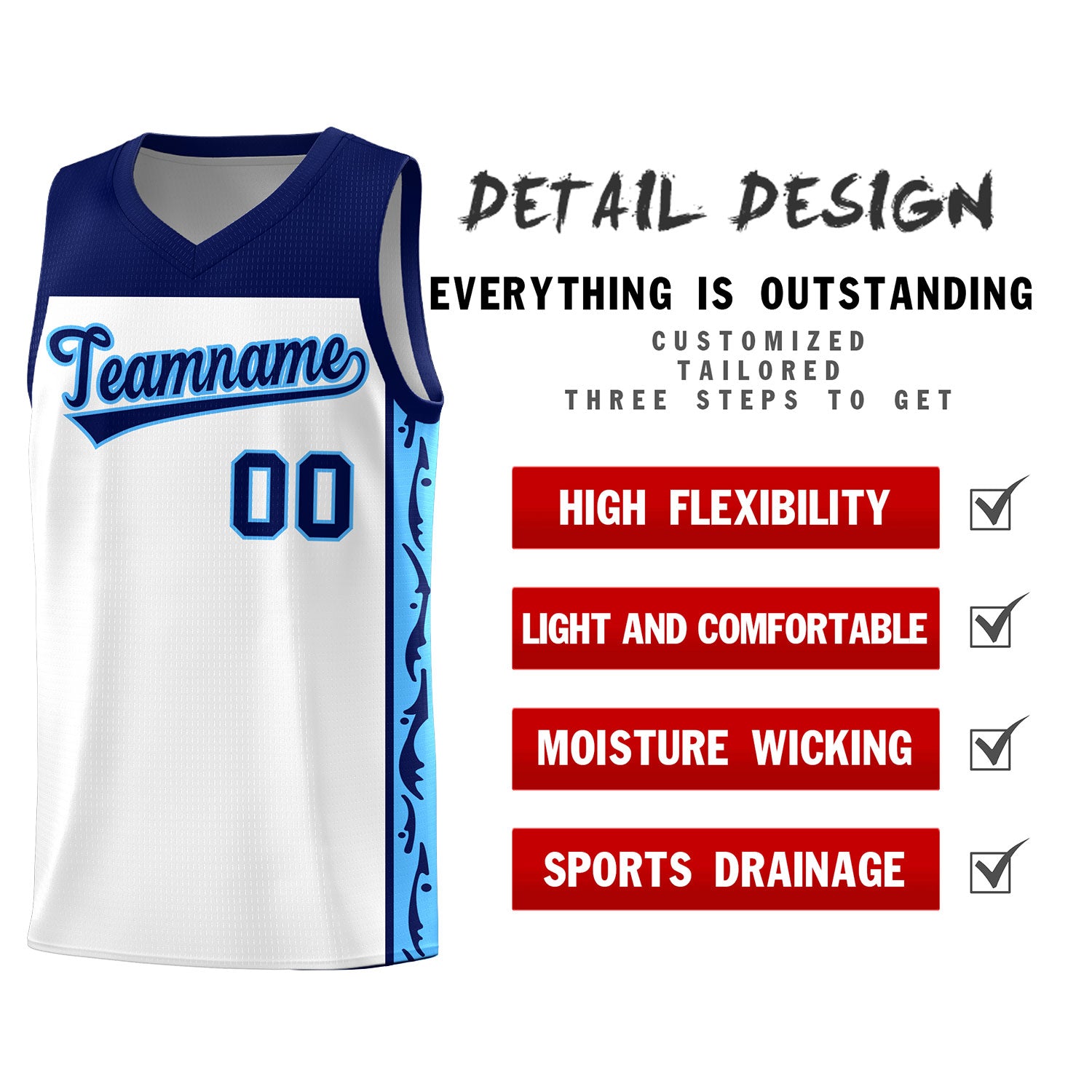 Custom White Side Pattern Sports Uniform Basketball Jersey
