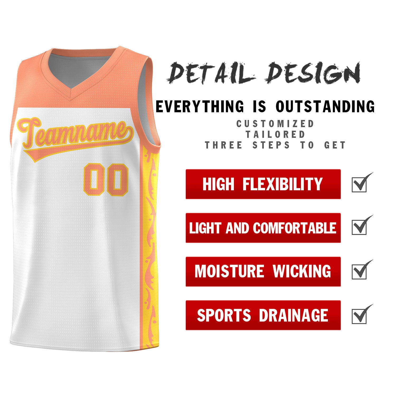 Custom White Side Pattern Sports Uniform Basketball Jersey
