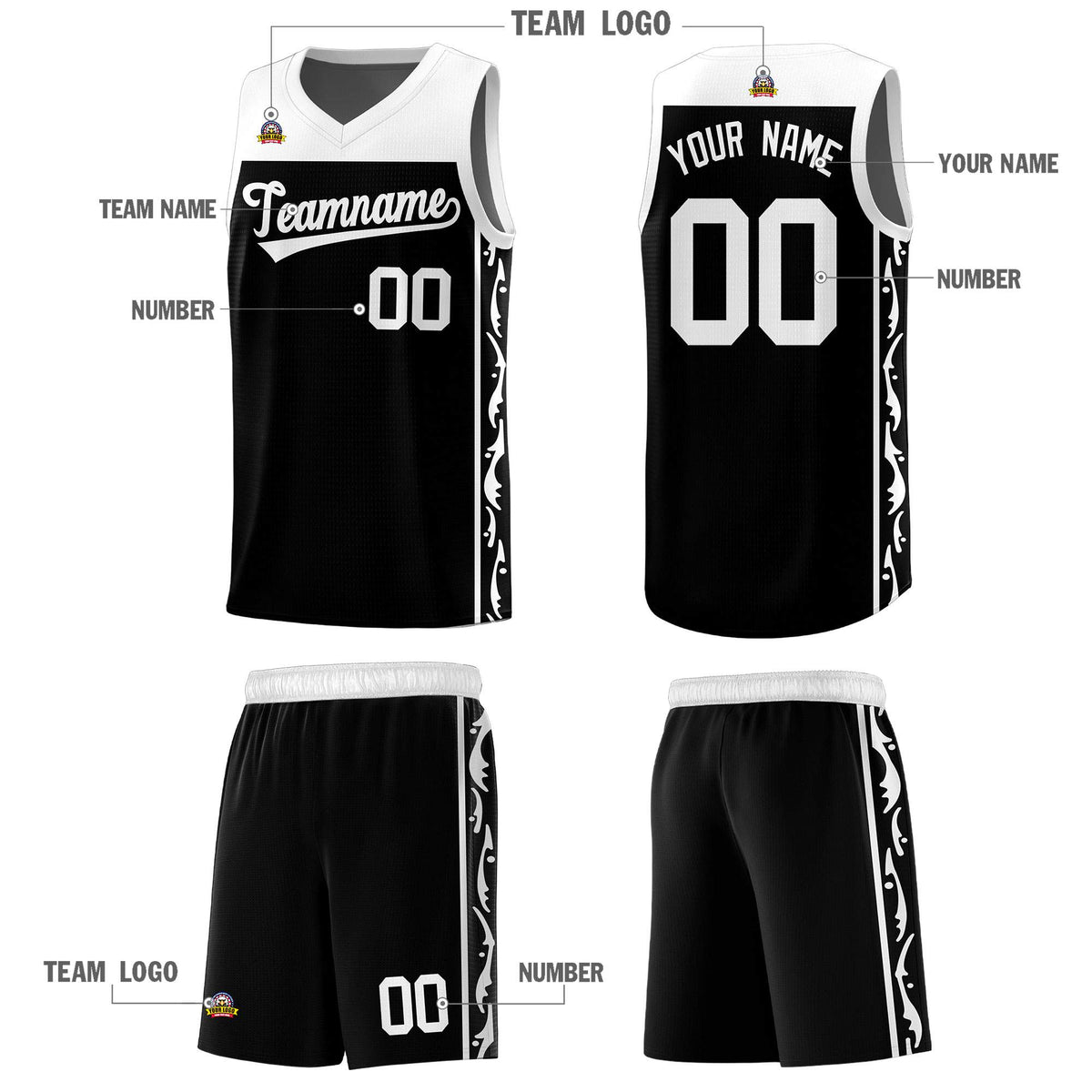 Custom Black Side Pattern Sports Uniform Basketball Jersey