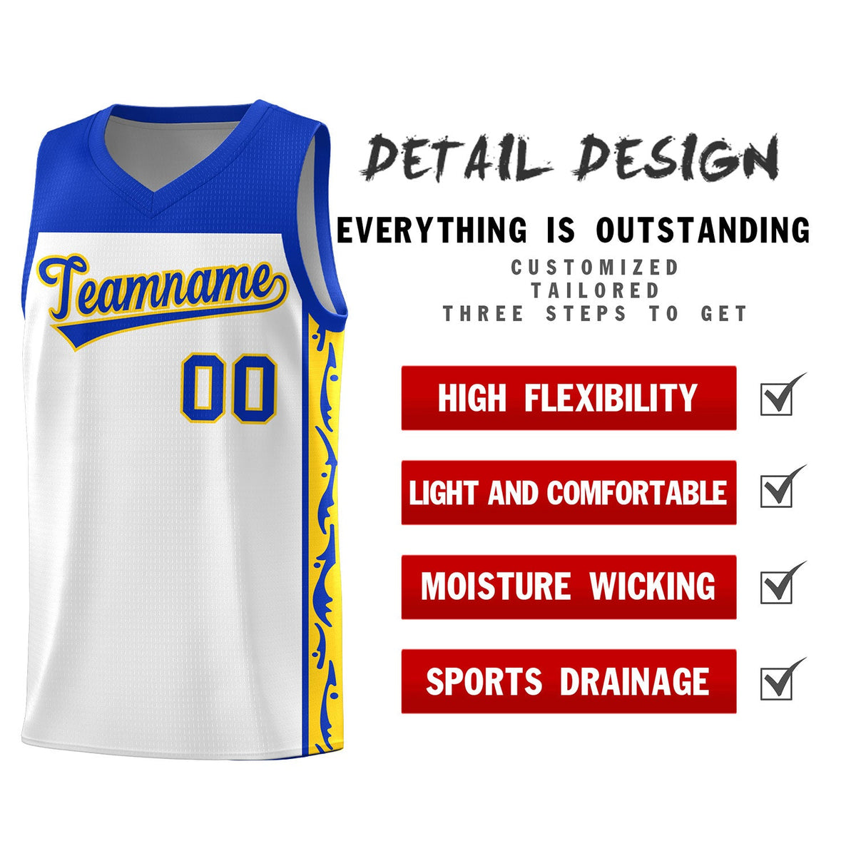 Custom White Side Pattern Sports Uniform Basketball Jersey