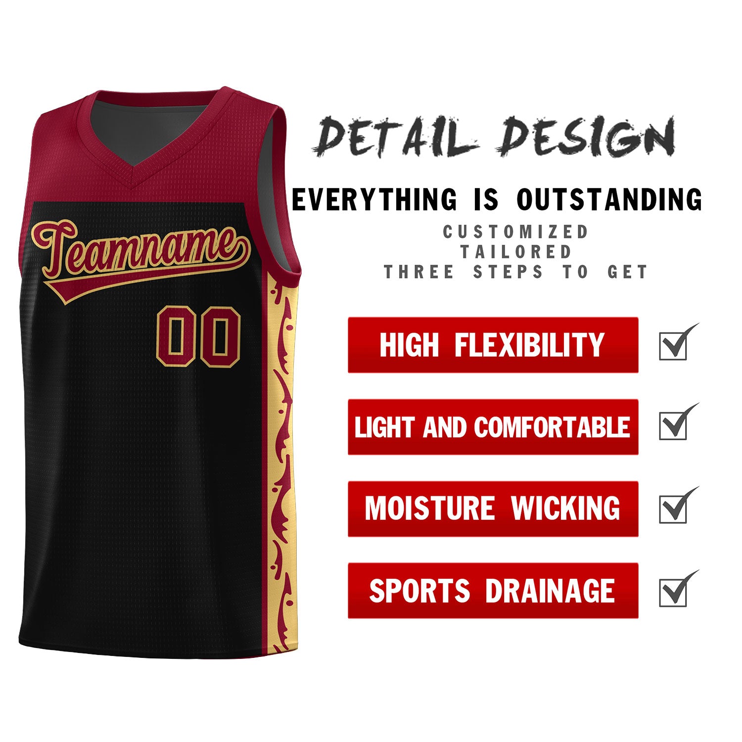 Custom Black Side Pattern Sports Uniform Basketball Jersey