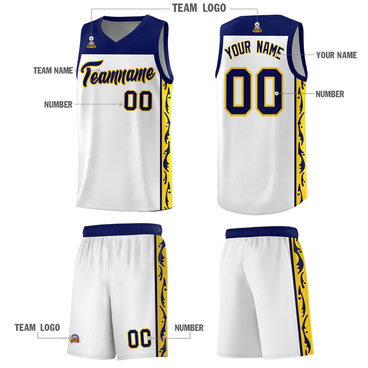 Custom White Side Pattern Sports Uniform Basketball Jersey