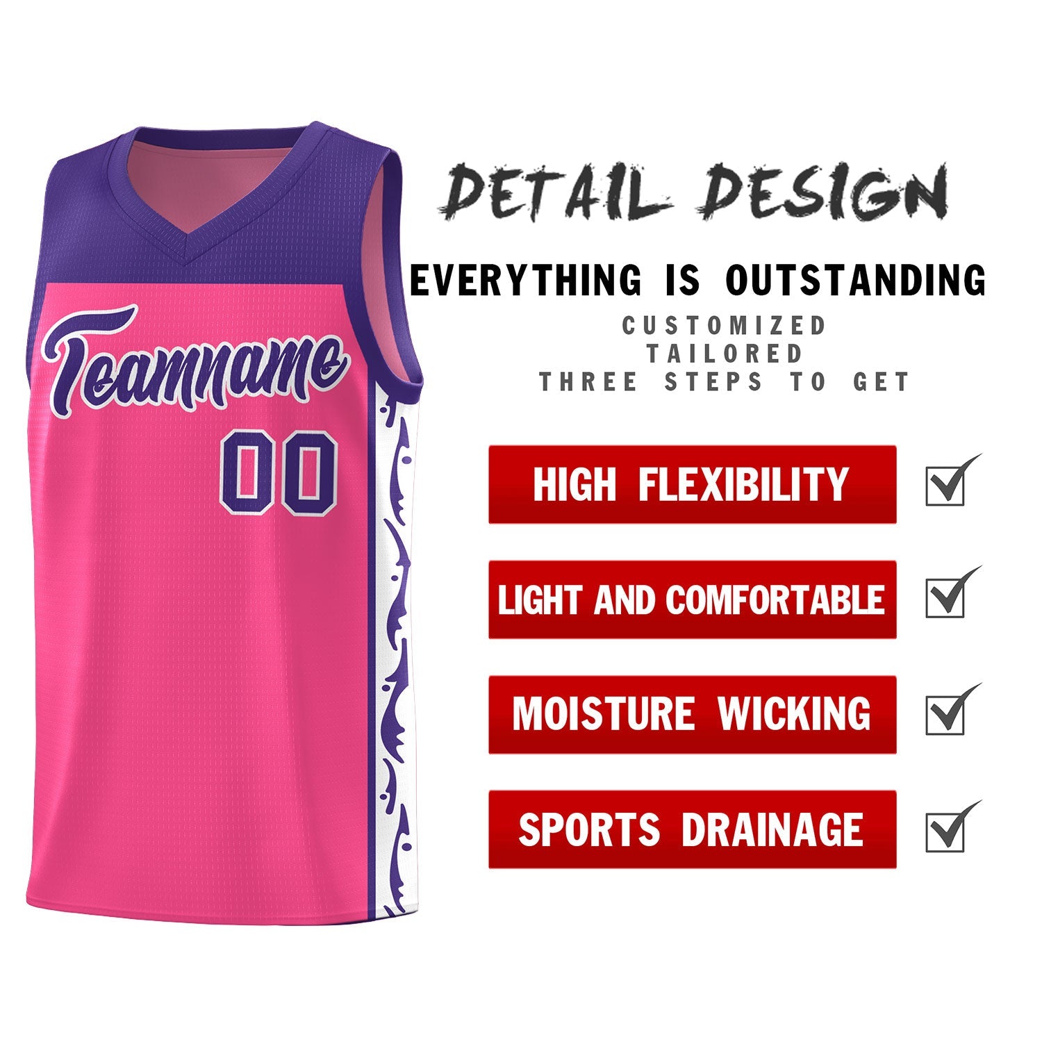 Custom Pink Side Pattern Sports Uniform Basketball Jersey