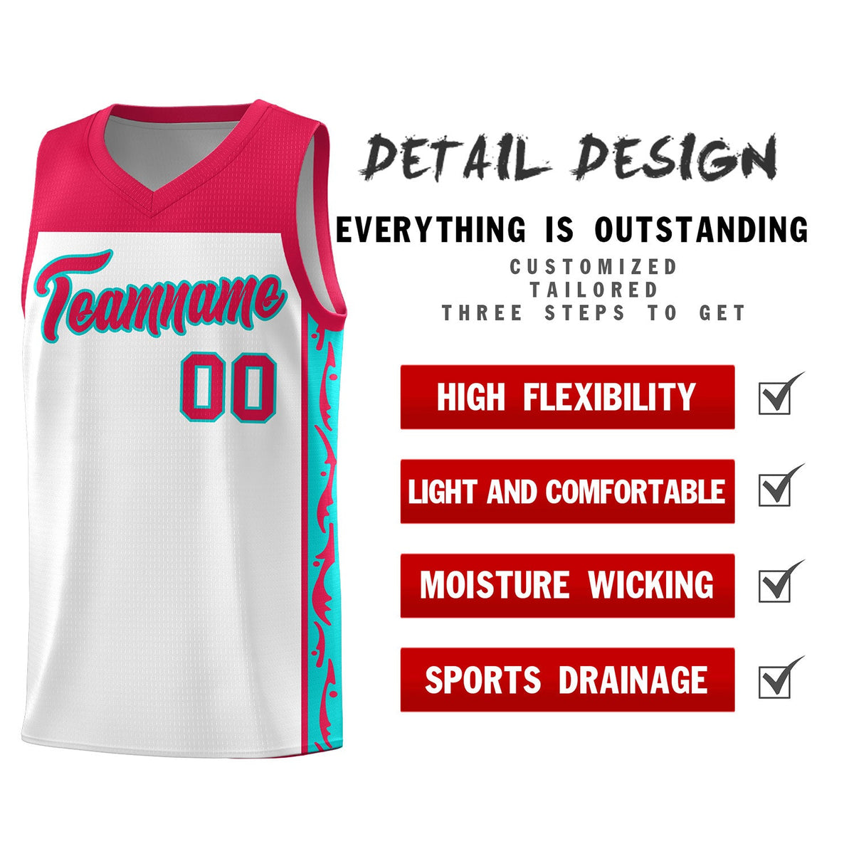 Custom White Side Pattern Sports Uniform Basketball Jersey