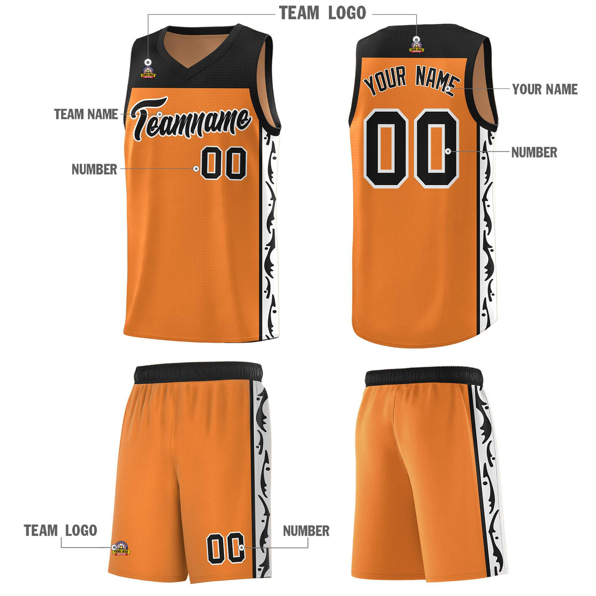 Custom Gold Orange Side Pattern Sports Uniform Basketball Jersey