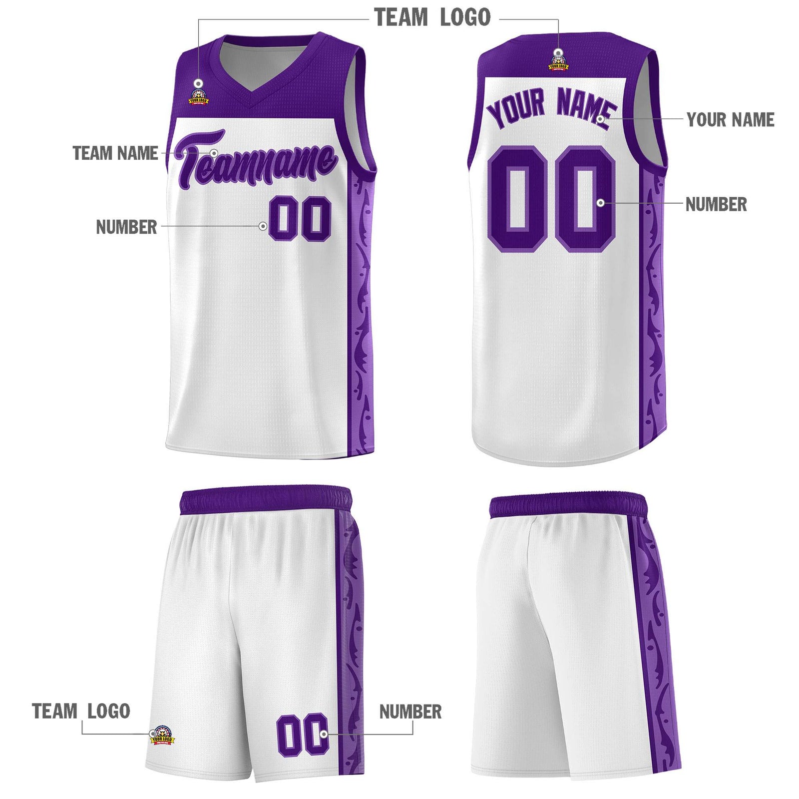Custom White Side Pattern Sports Uniform Basketball Jersey