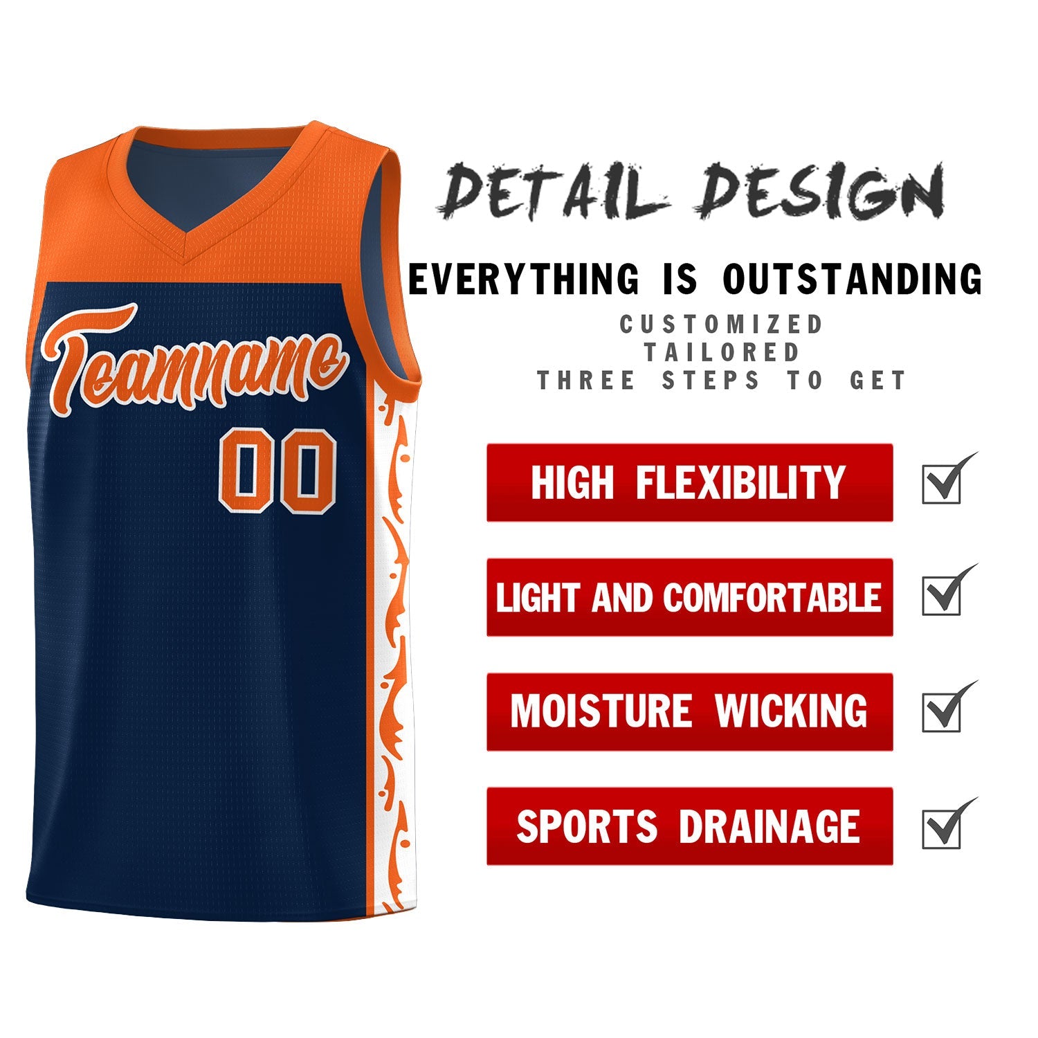 Custom Navy Side Pattern Sports Uniform Basketball Jersey