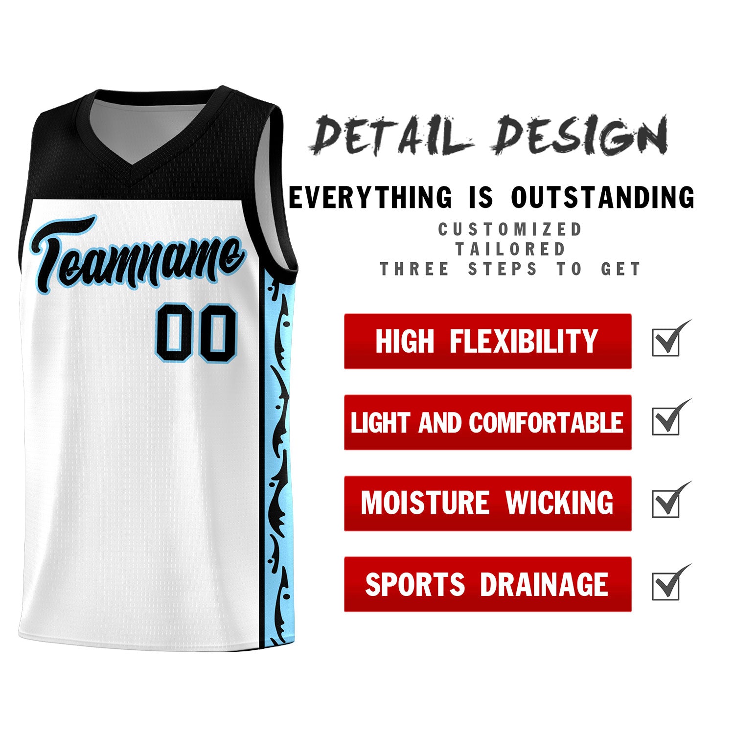Custom White Side Pattern Sports Uniform Basketball Jersey