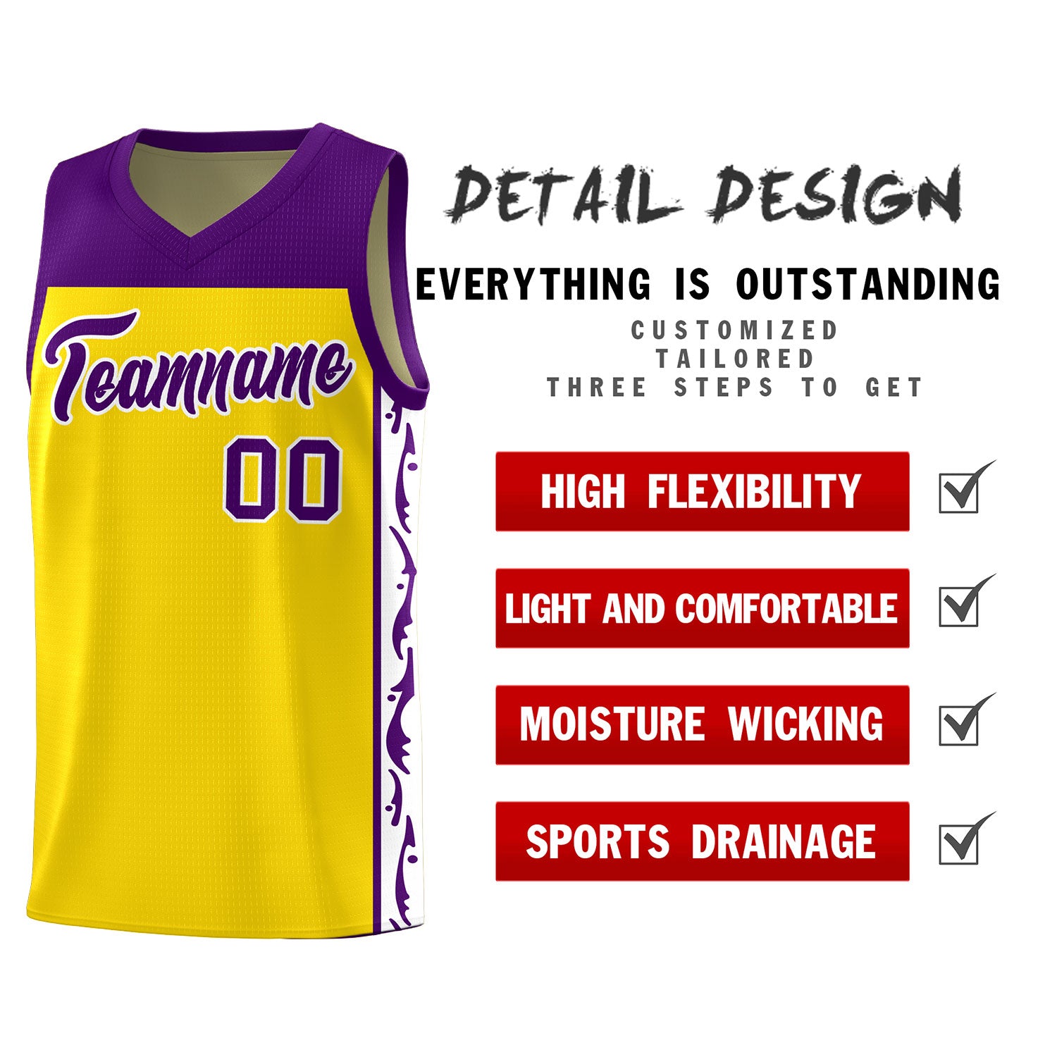 Custom Gold Side Pattern Sports Uniform Basketball Jersey