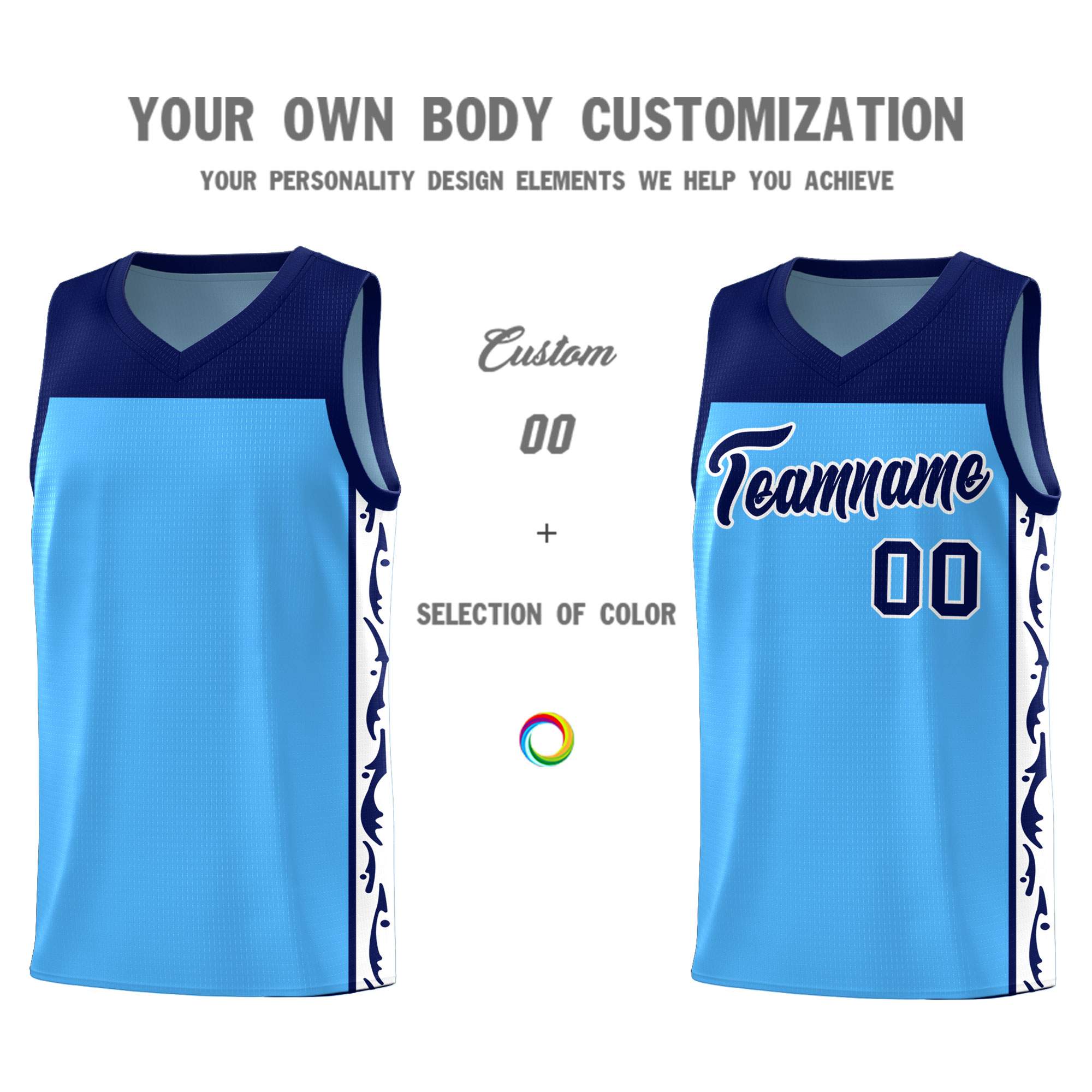 Custom Light Blue Side Pattern Sports Uniform Basketball Jersey