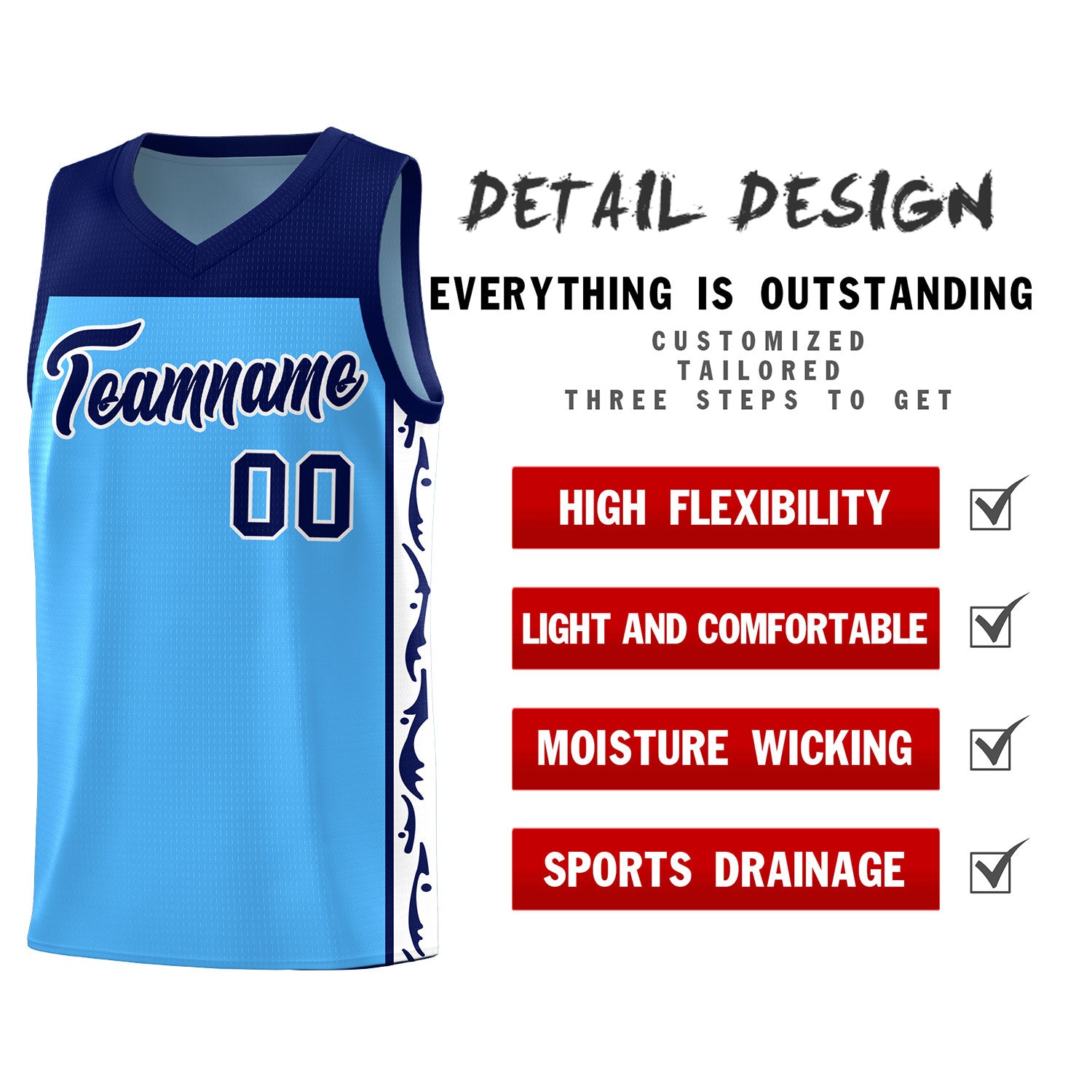 Custom Light Blue Side Pattern Sports Uniform Basketball Jersey