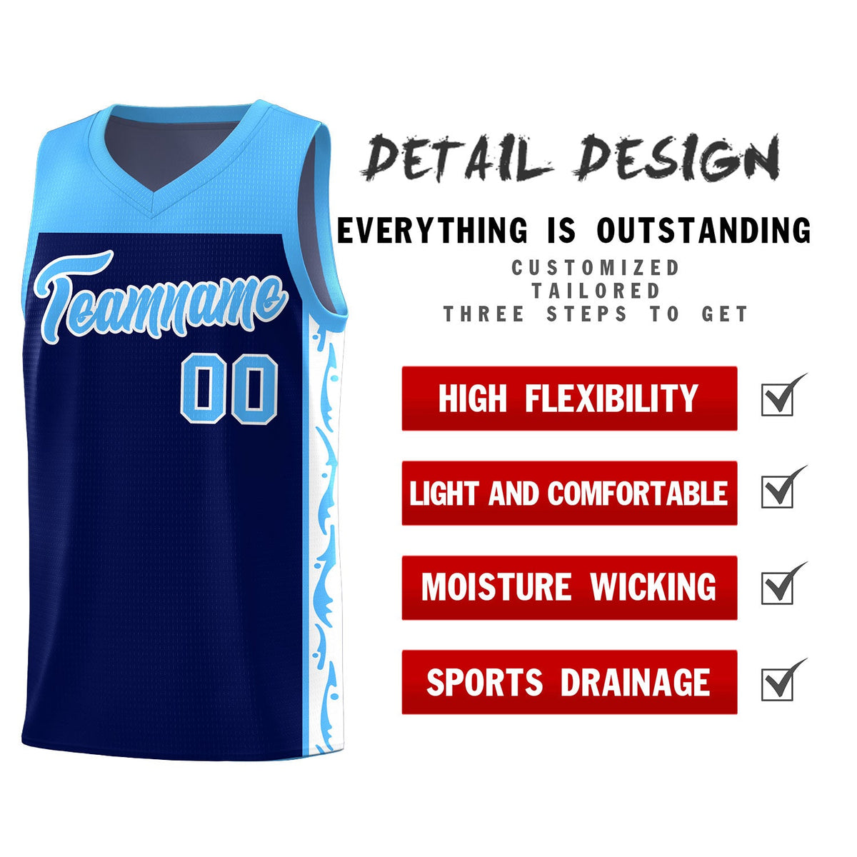 Custom Navy Side Pattern Sports Uniform Basketball Jersey