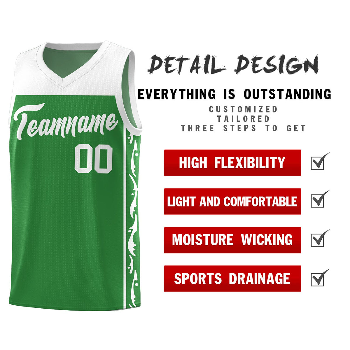 Custom Kelly Green Side Pattern Sports Uniform Basketball Jersey