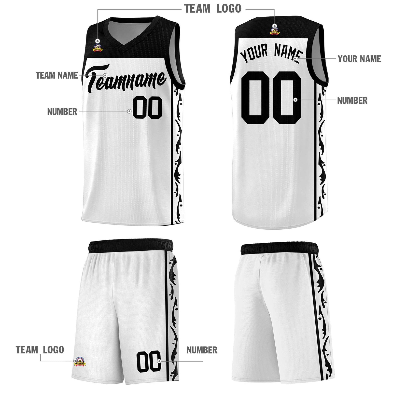 Custom White Side Pattern Sports Uniform Basketball Jersey