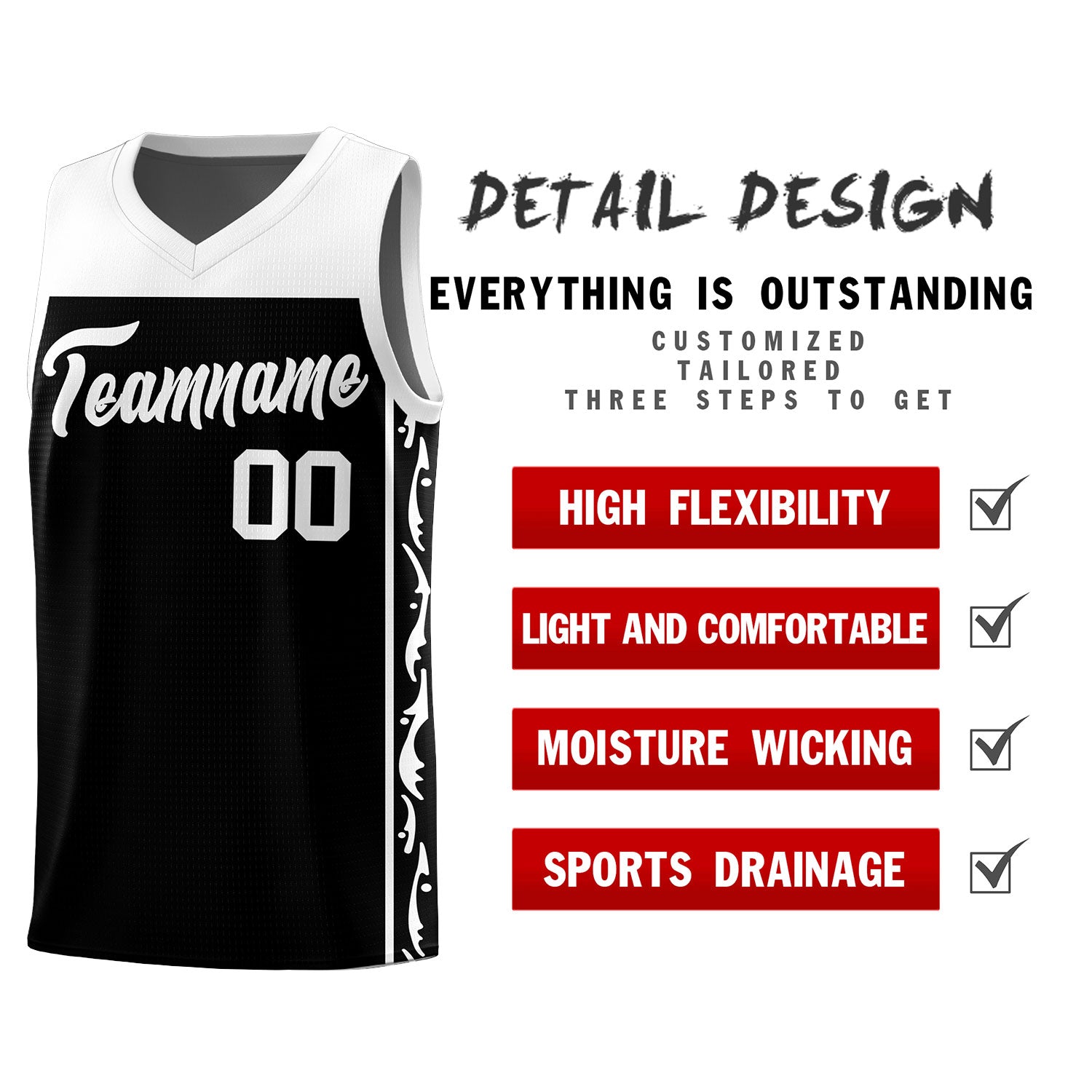 Custom Black Side Pattern Sports Uniform Basketball Jersey