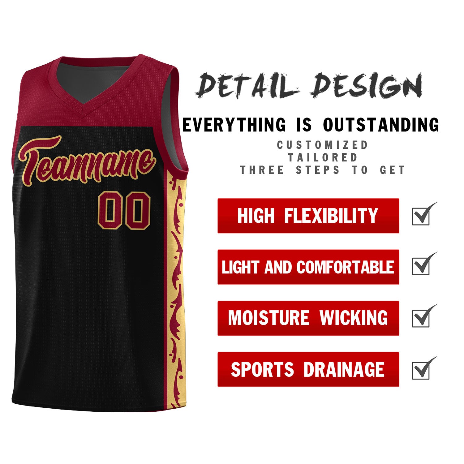 Custom Black Side Pattern Sports Uniform Basketball Jersey