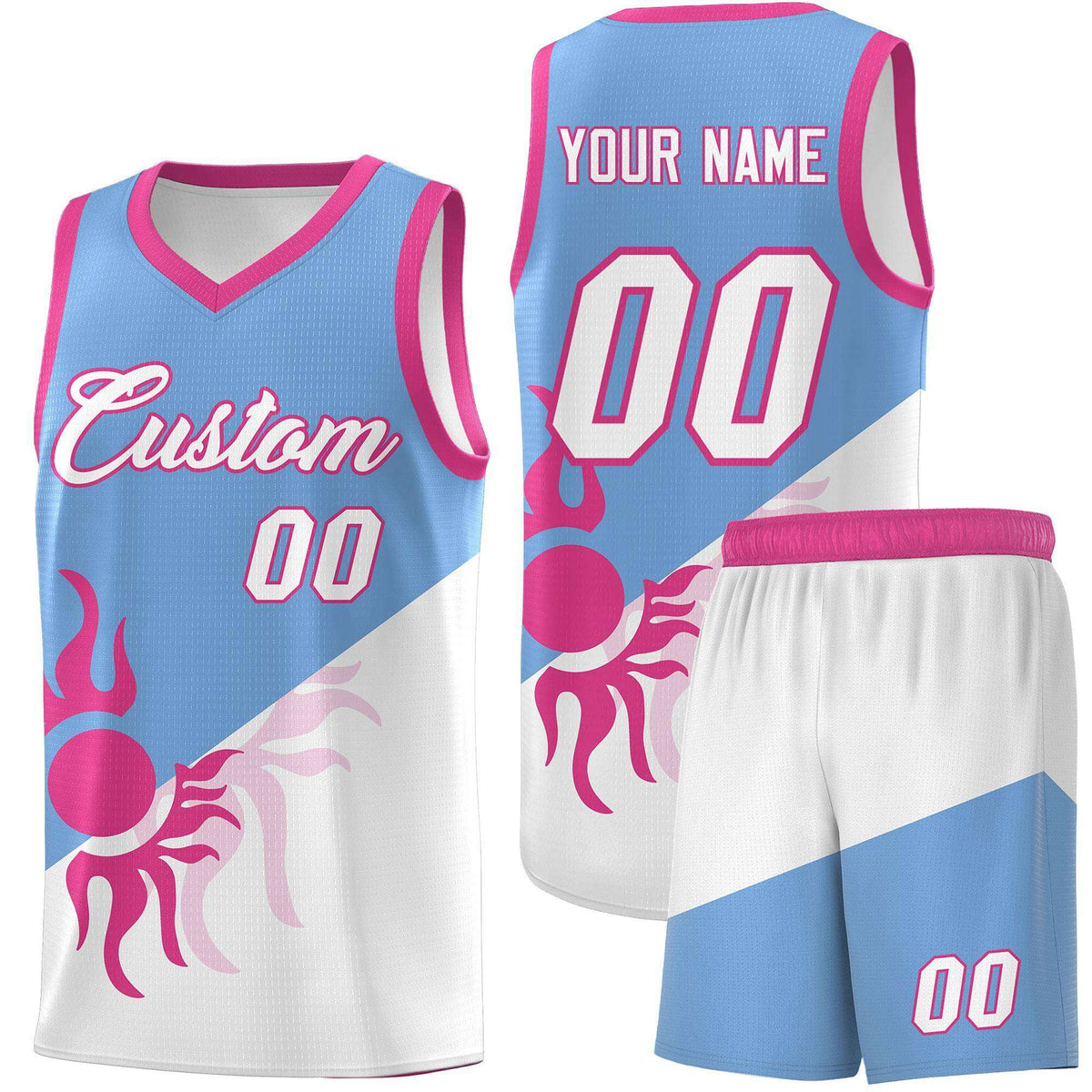 Custom Youth Basketball Jerseys - Powder Blue White Sunburst Design Two Tone Uniforms
