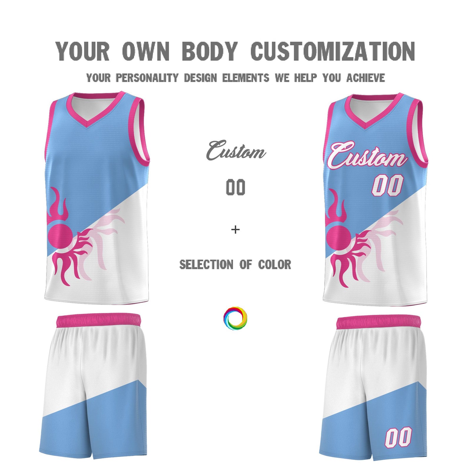 Custom Youth Basketball Jerseys - Powder Blue White Sunburst Design Two Tone Uniforms