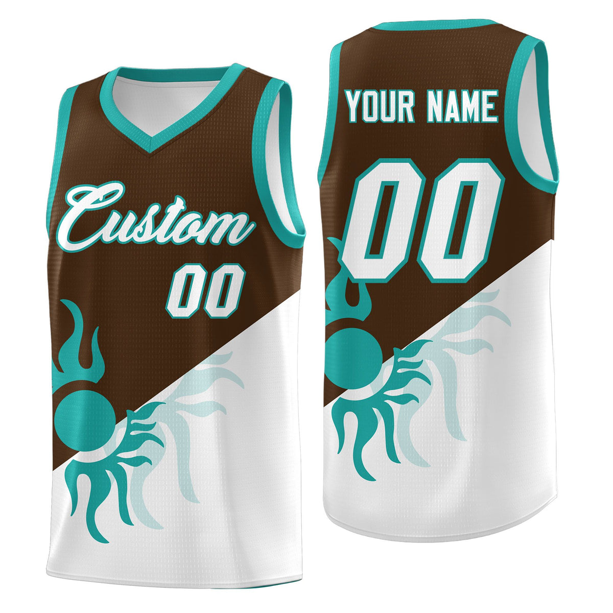 Custom Youth Basketball Jerseys - Brown White Radiant Sun Design Two Tone Uniforms