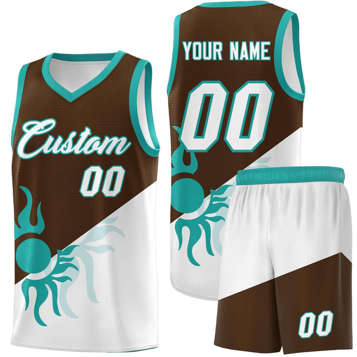 Custom Youth Basketball Jerseys - Brown White Radiant Sun Design Two Tone Uniforms