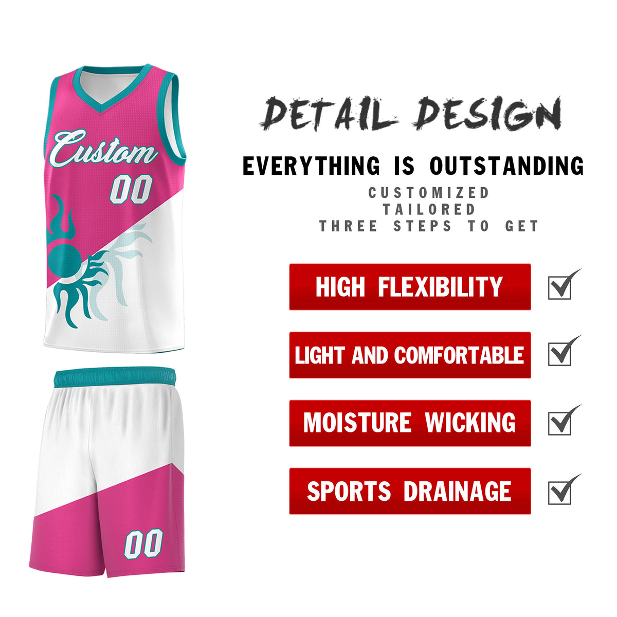 Custom Youth Basketball Jerseys - Rose Red White Radiant Sun Design Two Tone Uniforms