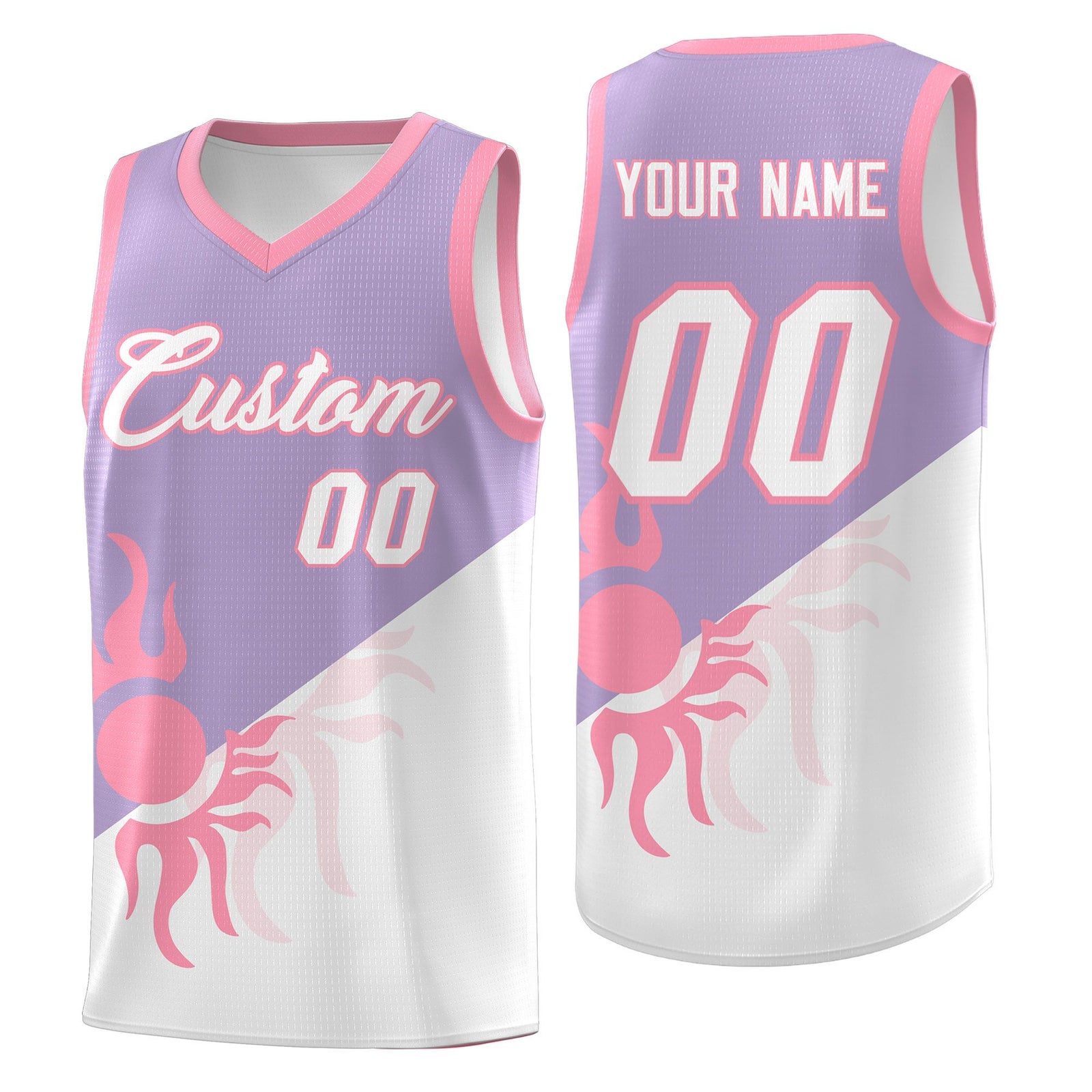 Custom Youth Basketball Jerseys - Light Purple White Radiant Sun Design Two Tone Uniforms