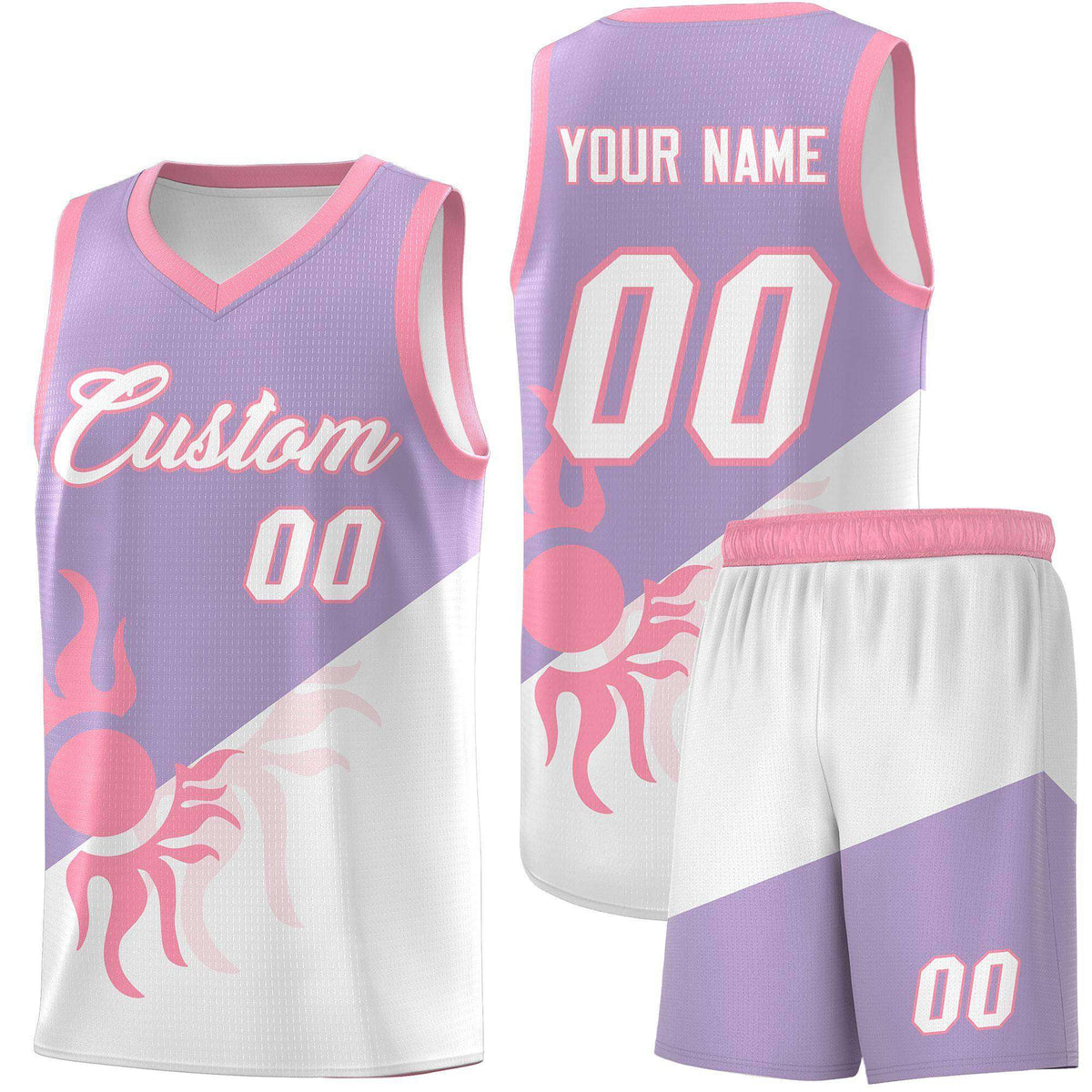 Custom Youth Basketball Jerseys - Light Purple White Radiant Sun Design Two Tone Uniforms