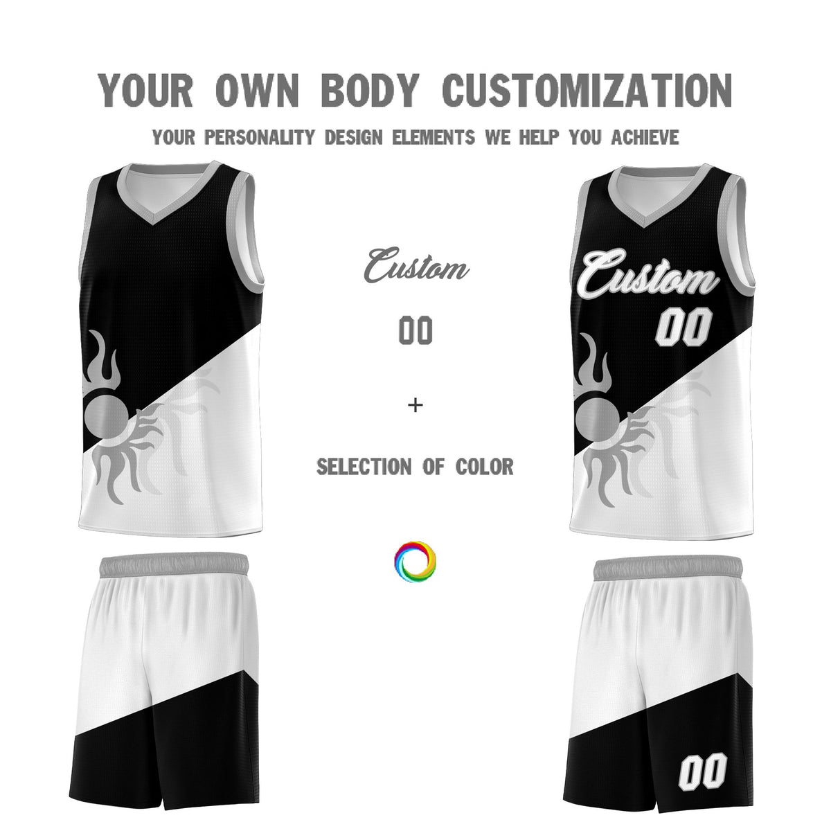 Custom Youth Basketball Jerseys - Black White Radiant Sun Design Two Tone Uniforms