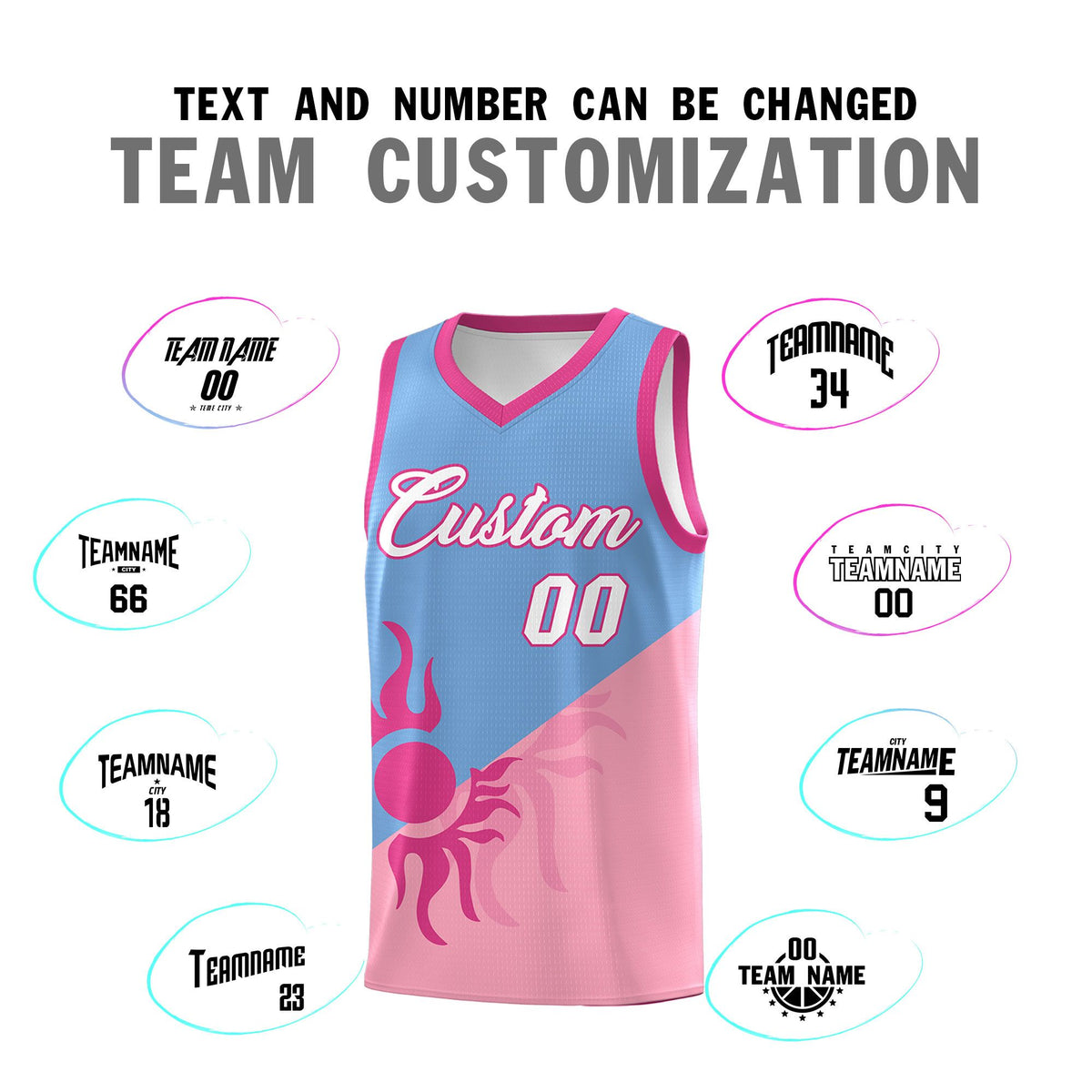 Custom Youth Basketball Jerseys - Powder Blue Light Pink Radiant Sun Design Two Tone Uniforms
