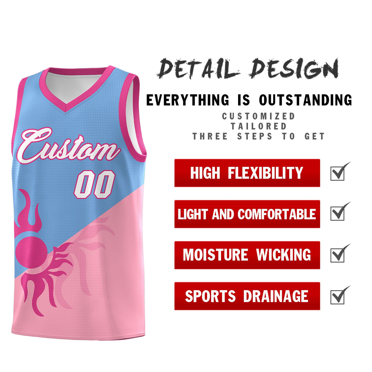 Custom Youth Basketball Jerseys - Powder Blue Light Pink Radiant Sun Design Two Tone Uniforms