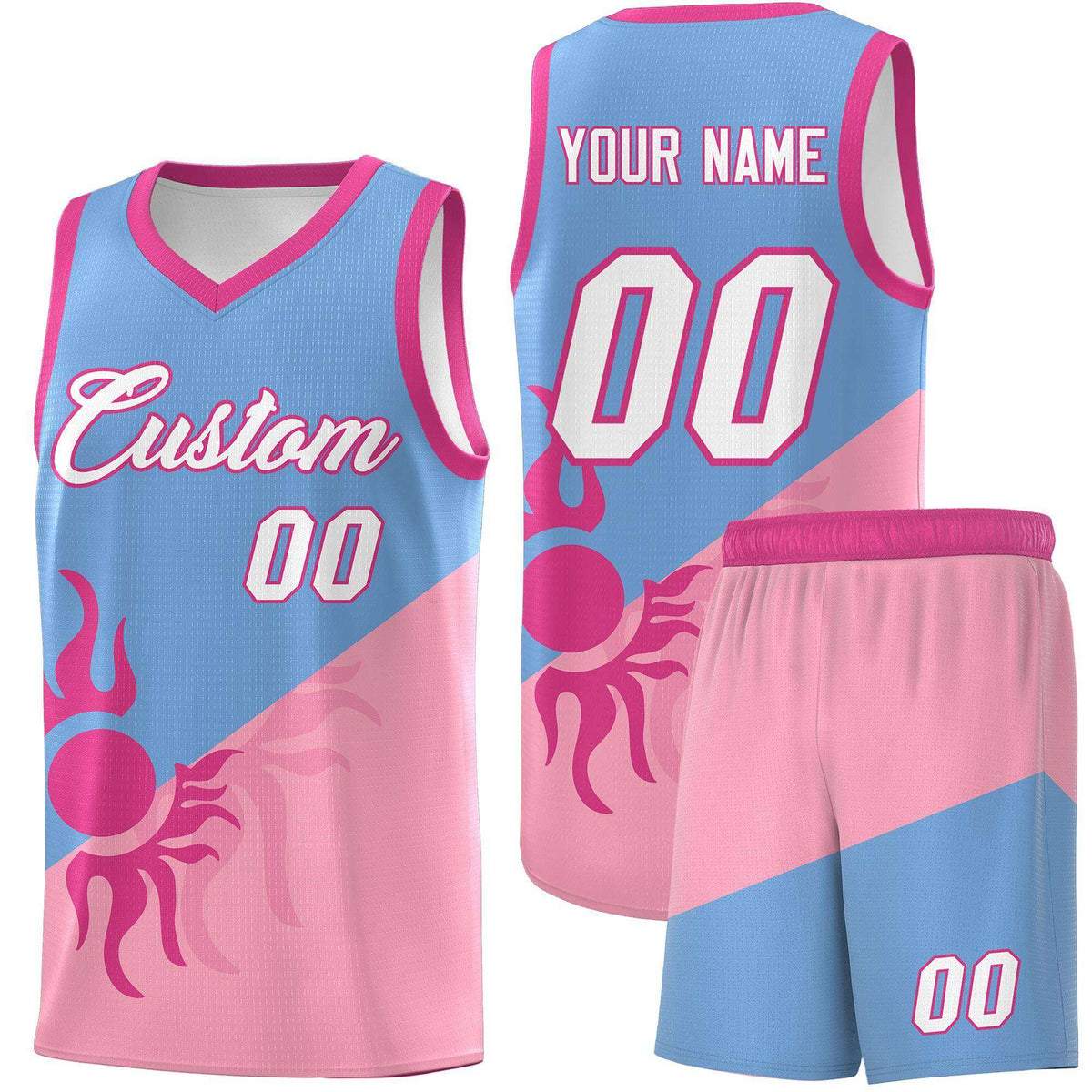 Custom Youth Basketball Jerseys - Powder Blue Light Pink Radiant Sun Design Two Tone Uniforms