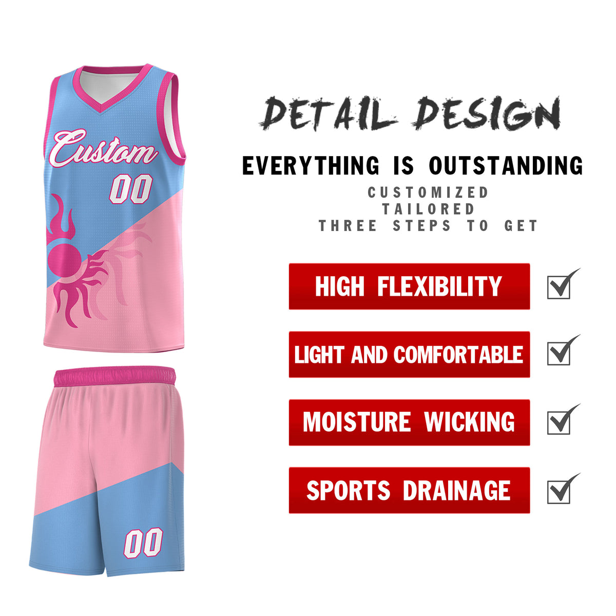 Custom Youth Basketball Jerseys - Powder Blue Light Pink Radiant Sun Design Two Tone Uniforms