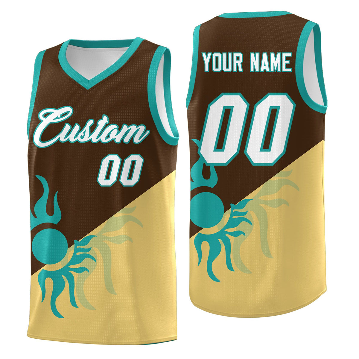 Custom Youth Basketball Jerseys - Brown Khaki Sunburst Design Two Tone Uniforms