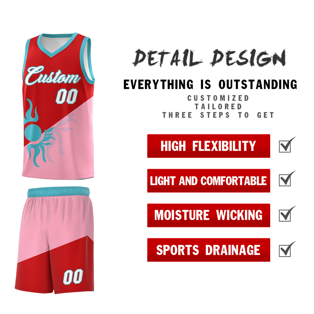 Custom Youth Basketball Jerseys - Red Light Pink Sunburst Design Two Tone Uniforms